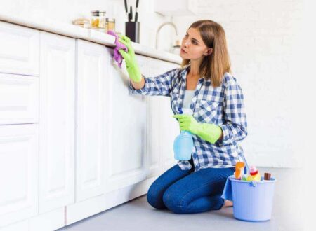 A woman from housekeeping services is cleaning the shelf